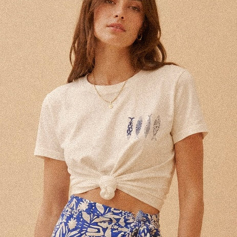 T-shirt Bianca con Stampa Pesci in Cotone