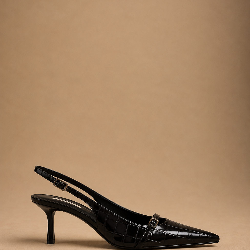 Décolleté Slingback Donna Nera Effetto Cocco con Tacco a Stiletto e Cinturino