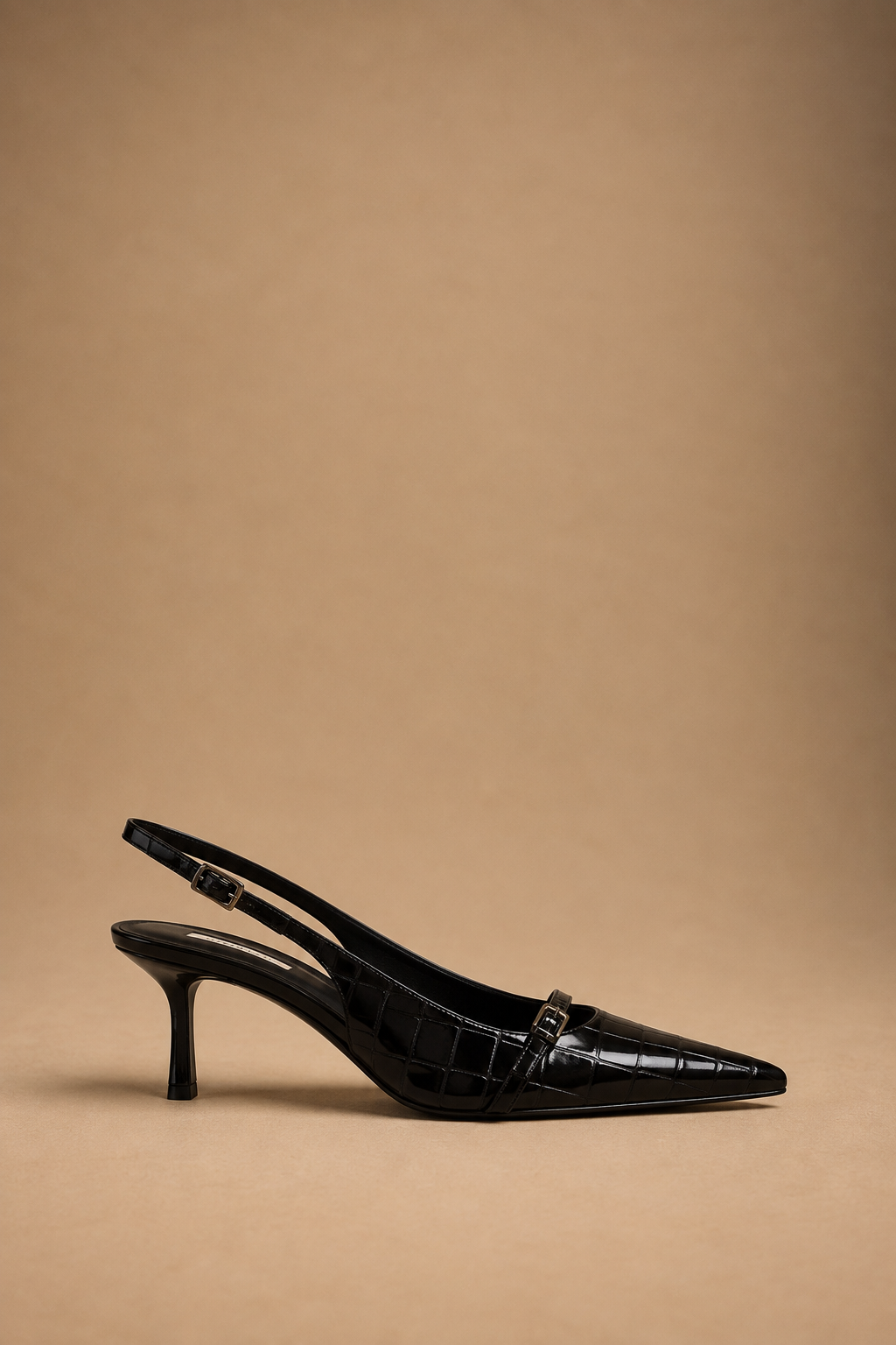 Décolleté Slingback Donna Nera Effetto Cocco con Tacco a Stiletto e Cinturino