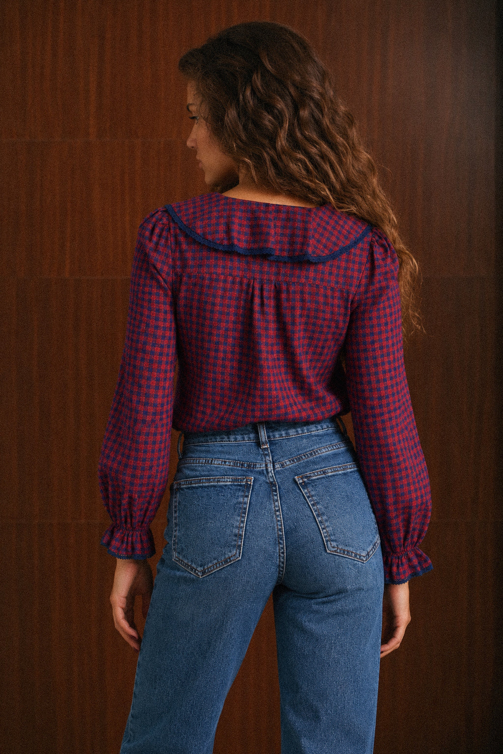 Camicia donna in cotone 100% a quadretti blu e arancio con volant
