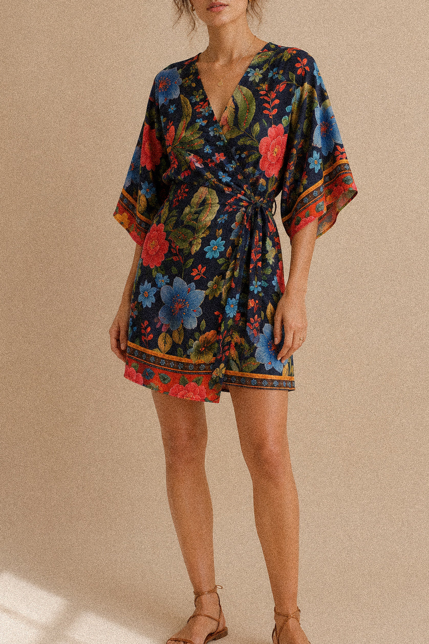 Abito a portafoglio blu “Tropical Bloom” – Stampa floreale