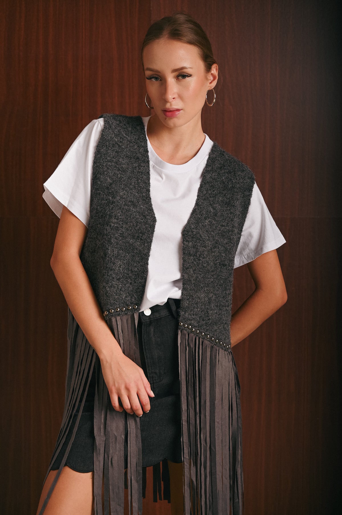 Gilet Donna Grigio con Frange e Borchie Effetto Western