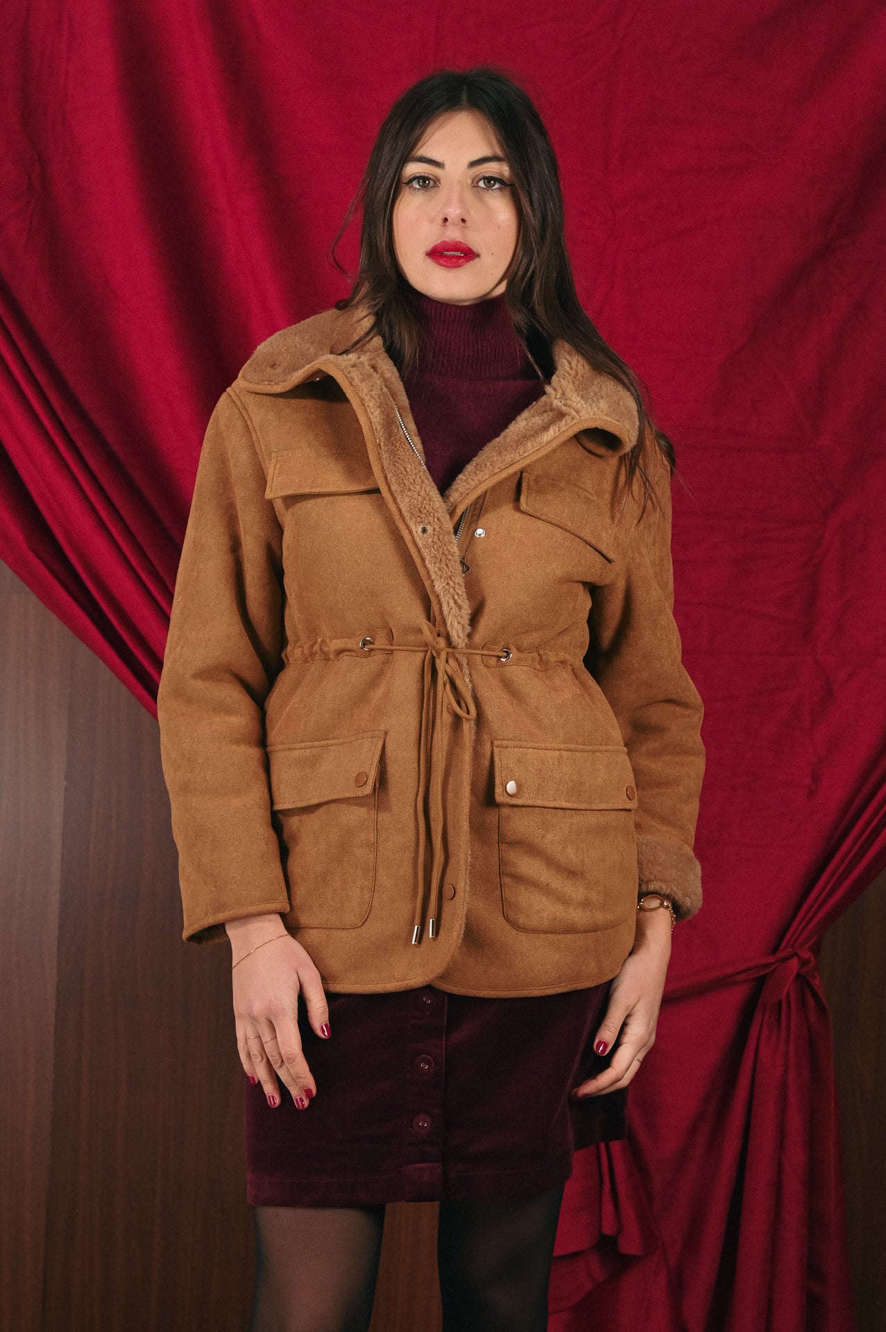 Giacca Invernale Donna Camoscio Finto e Pelliccia Ecologica | Imbottita Coulisse in Vita