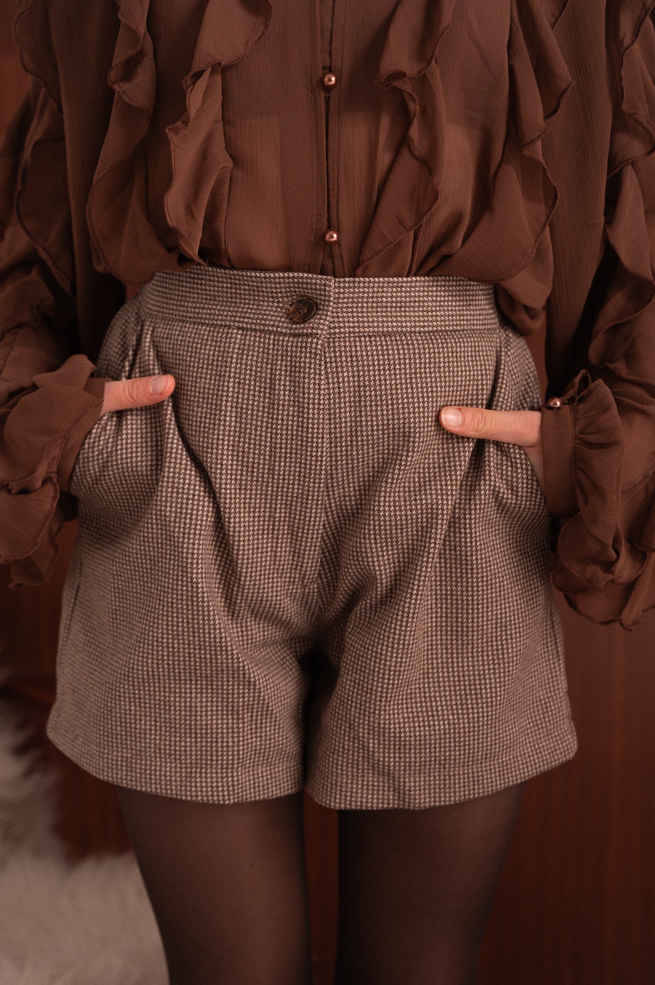 Coordinato Blazer e Shorts Micro Fantasia Pied de Poule Tortora