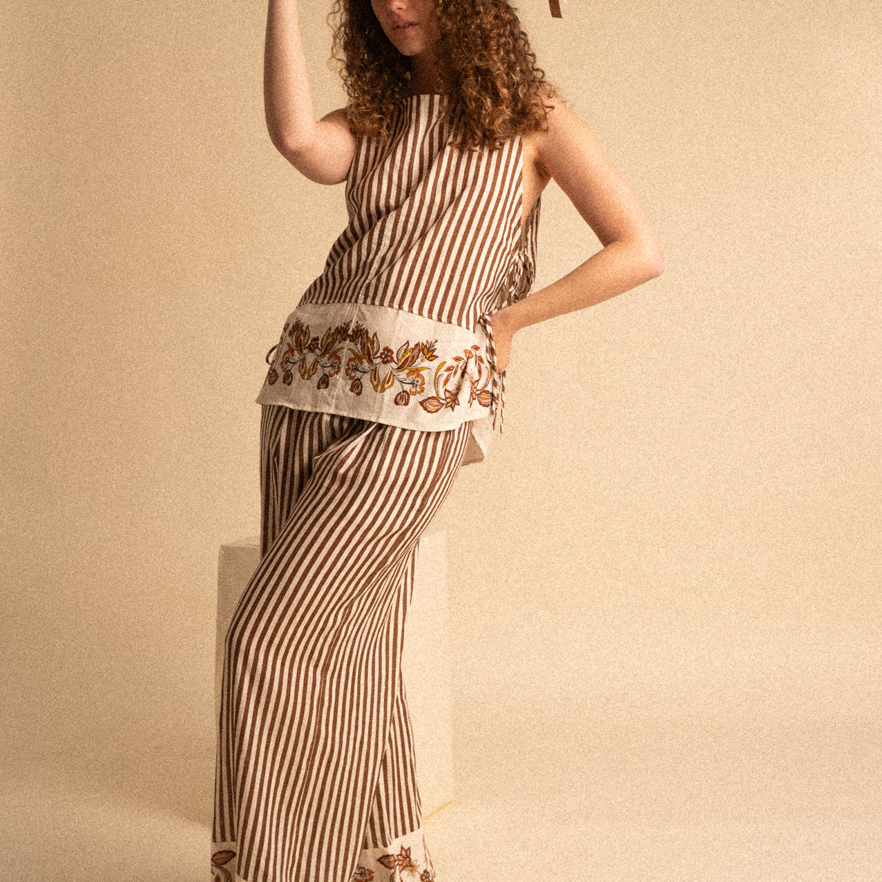 Pantalone Palazzo Donna a Righe in Lino e Viscosa con Elastico in Vita e Tasche