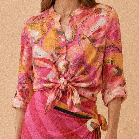 Camicia collo coreano fantasia rosa, arancio e fucsia in Tencel