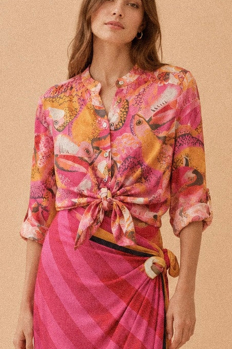 Camicia collo coreano fantasia rosa, arancio e fucsia in Tencel