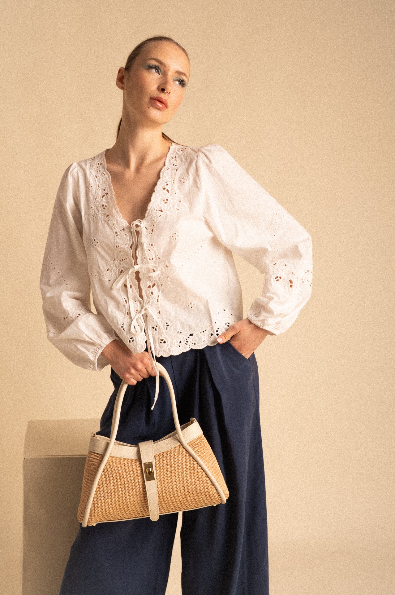 Borsa Mercer grande in pelle e rafia naturale