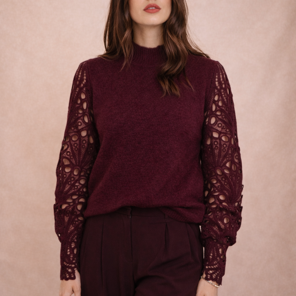 Maglione Bordeaux Elegante con Maniche in Macramè | Misto lana