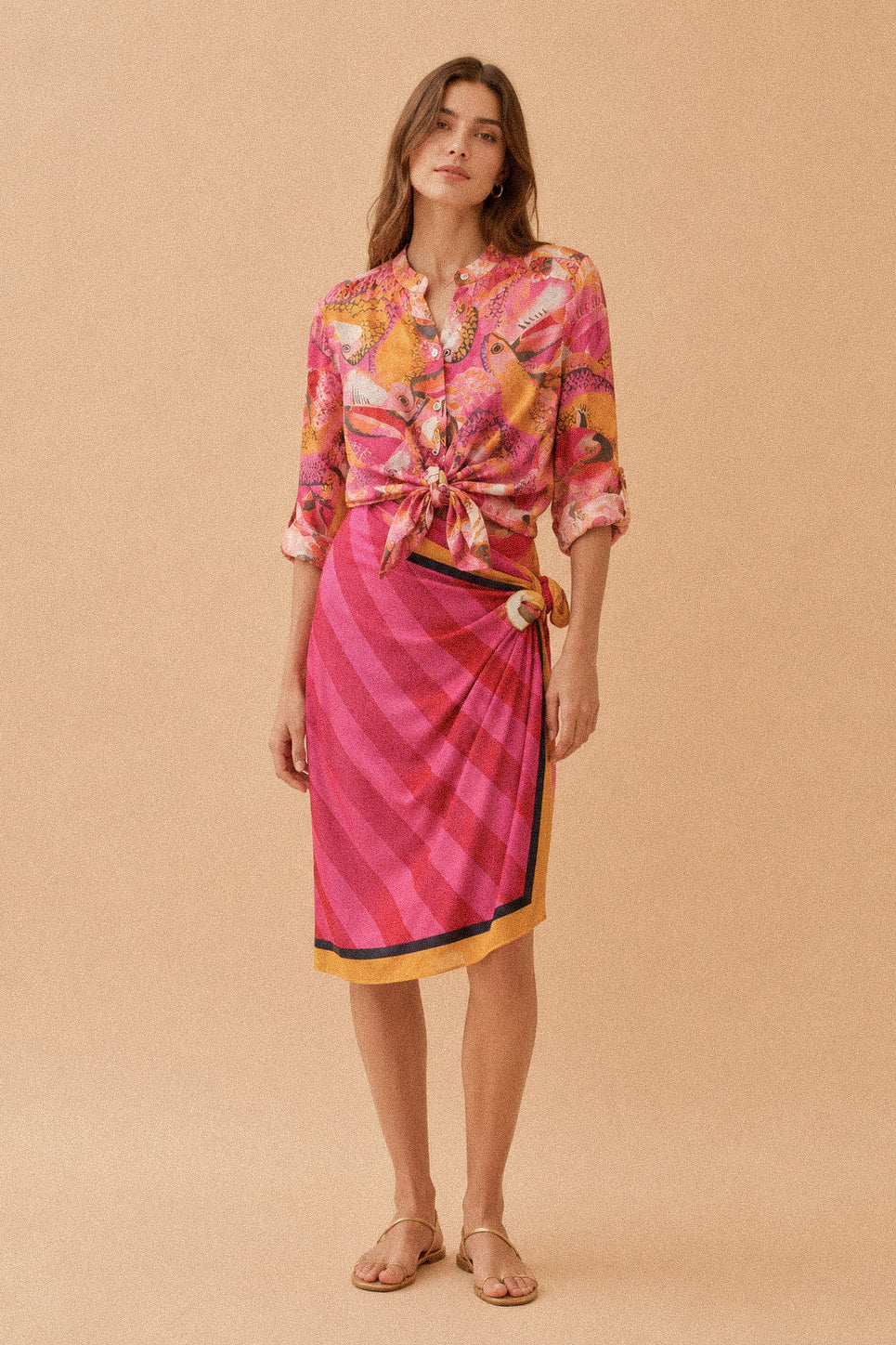 Camicia collo coreano fantasia rosa, arancio e fucsia in Tencel