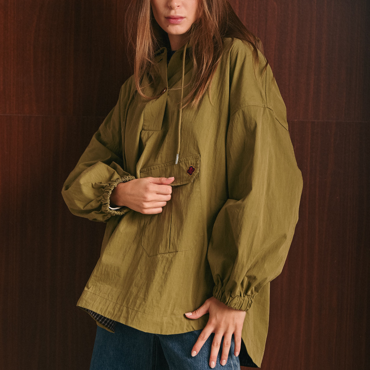 Rain Coat Donna verde con Cappuccio, Tasche e Coulisse – Giacca Antipioggia Pullover