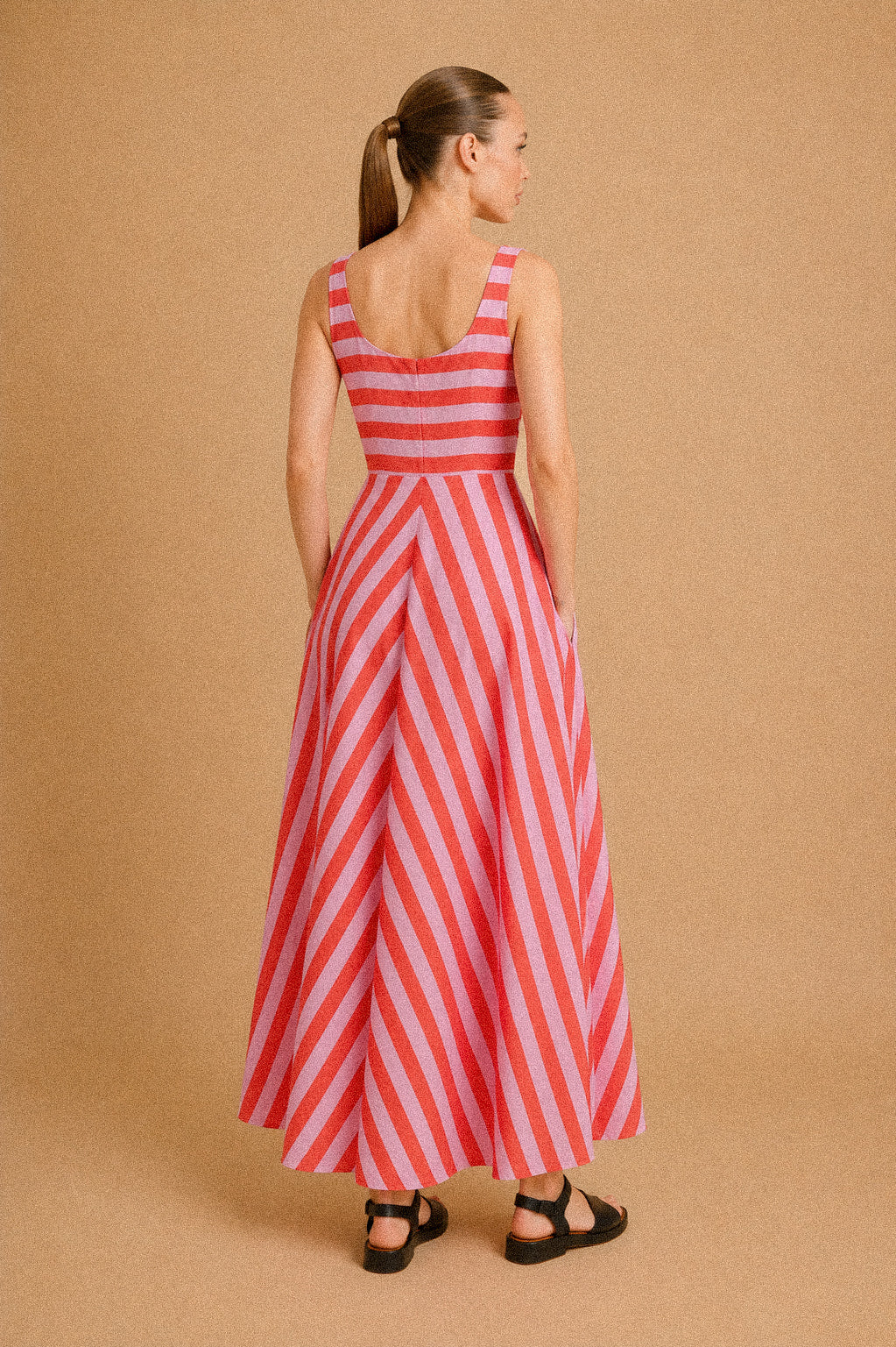 Abito Lungo Donna a Righe Rosa e Corallo – Vestito Estivo con Bottoni e Tasche