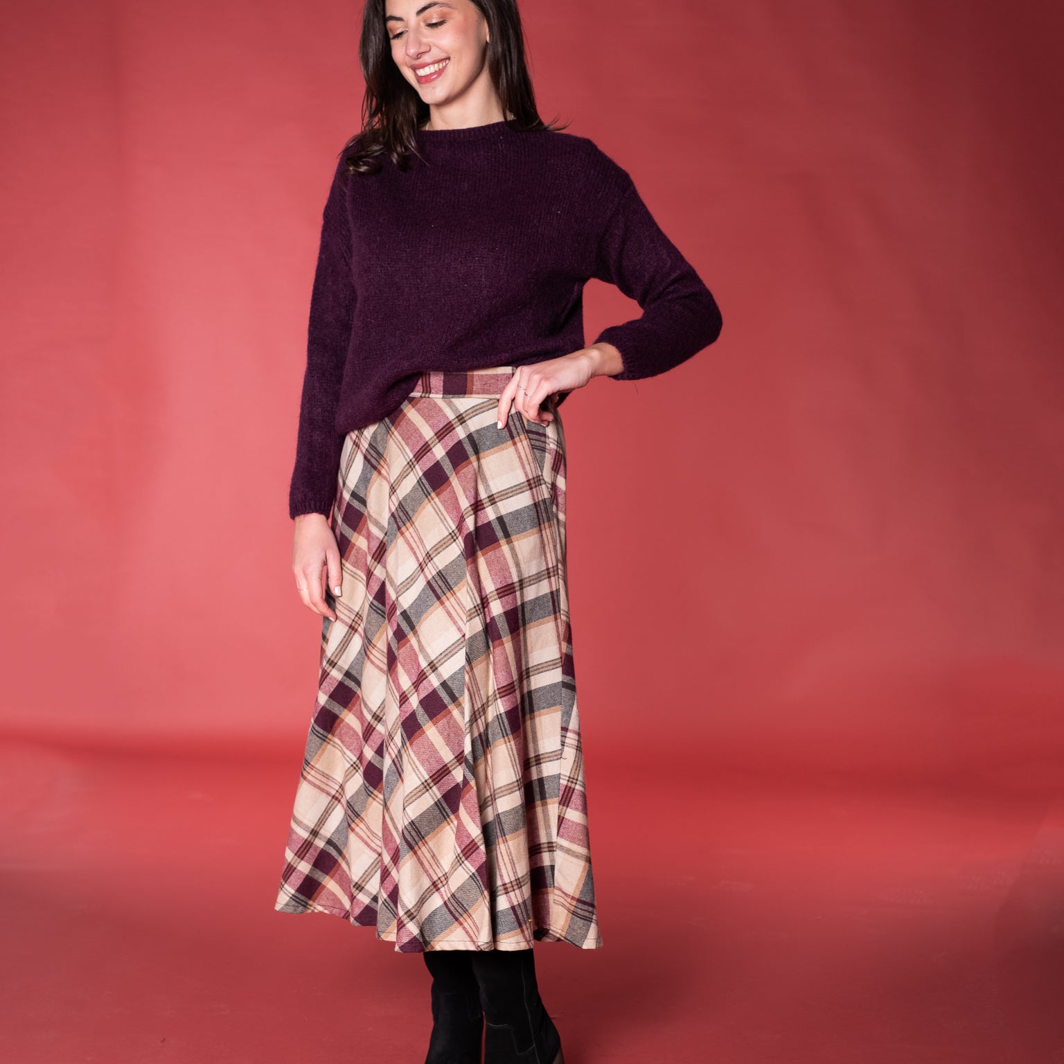 Beige tartan long skirt