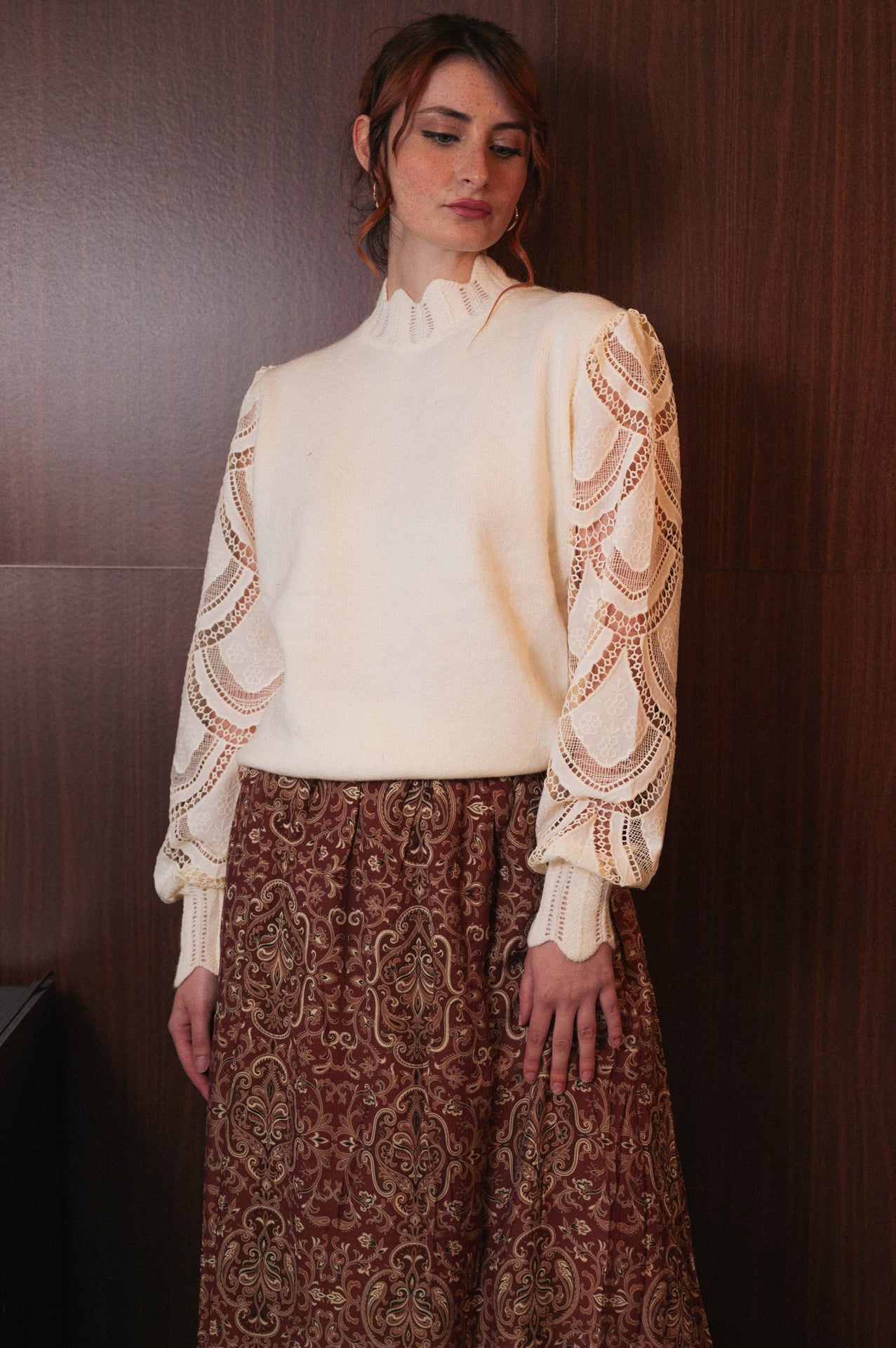 Maglione Donna Collo Alto Smerlato | Maniche in Pizzo Macramè