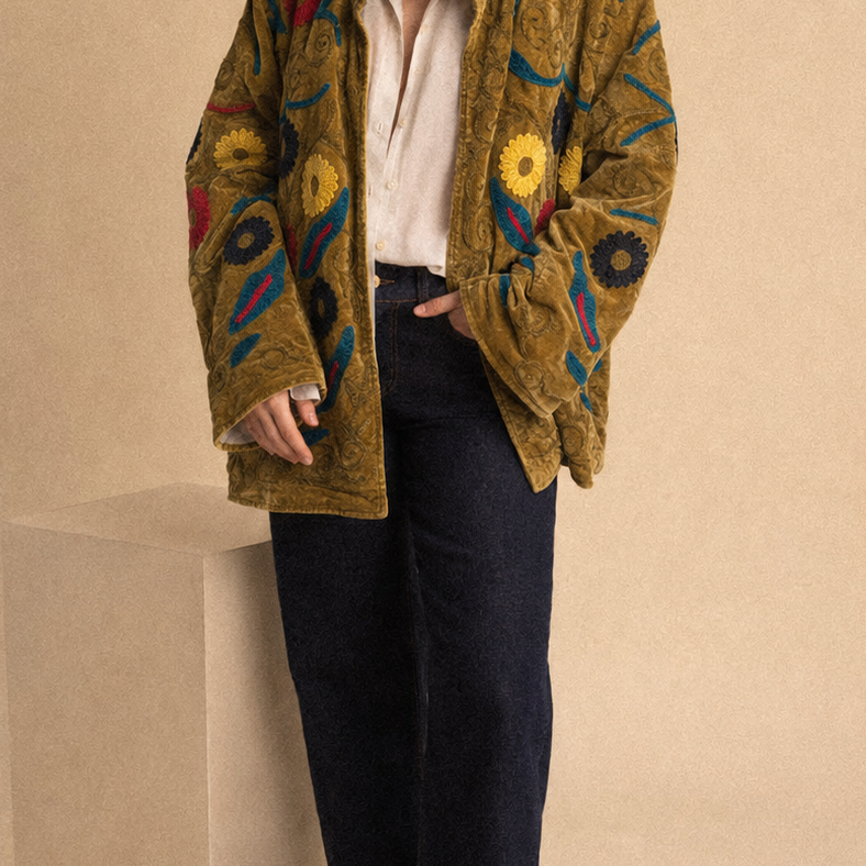 Giacca Suzani Ocra Ricamata “Golden Garden” in Cotone
