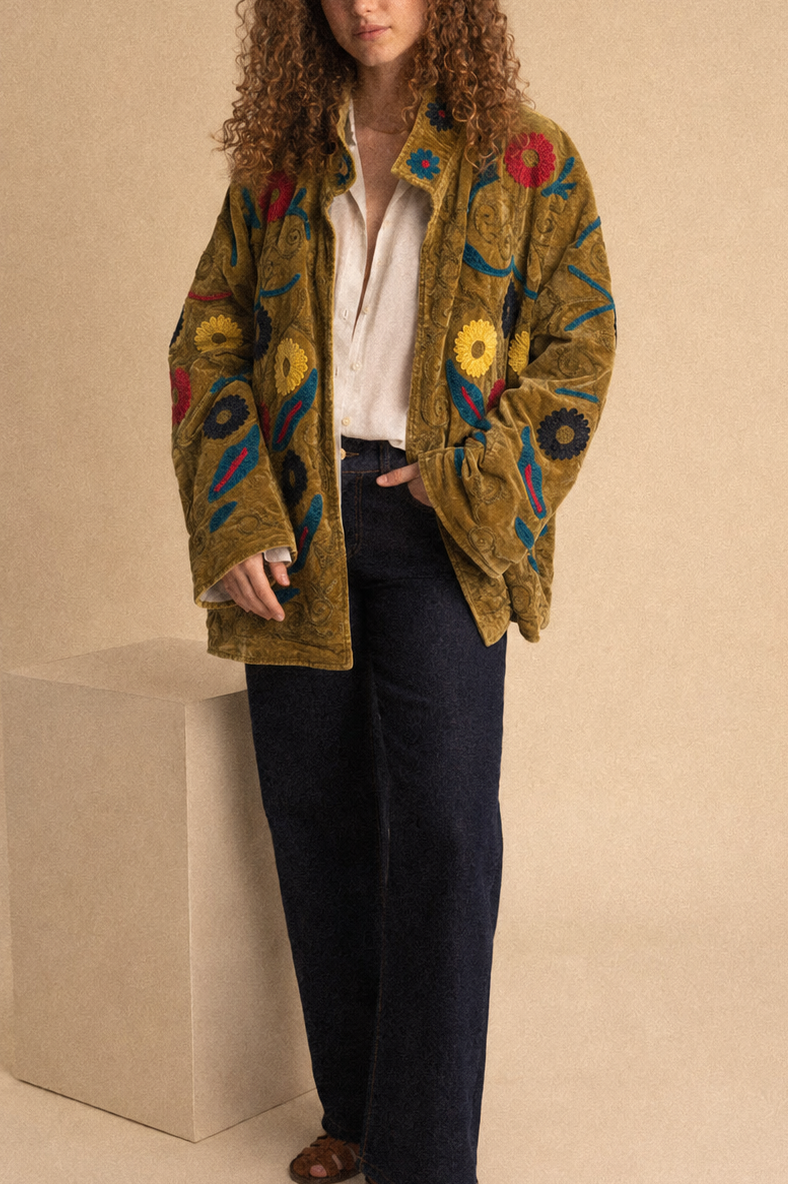 Giacca Suzani Ocra Ricamata “Golden Garden” in Cotone