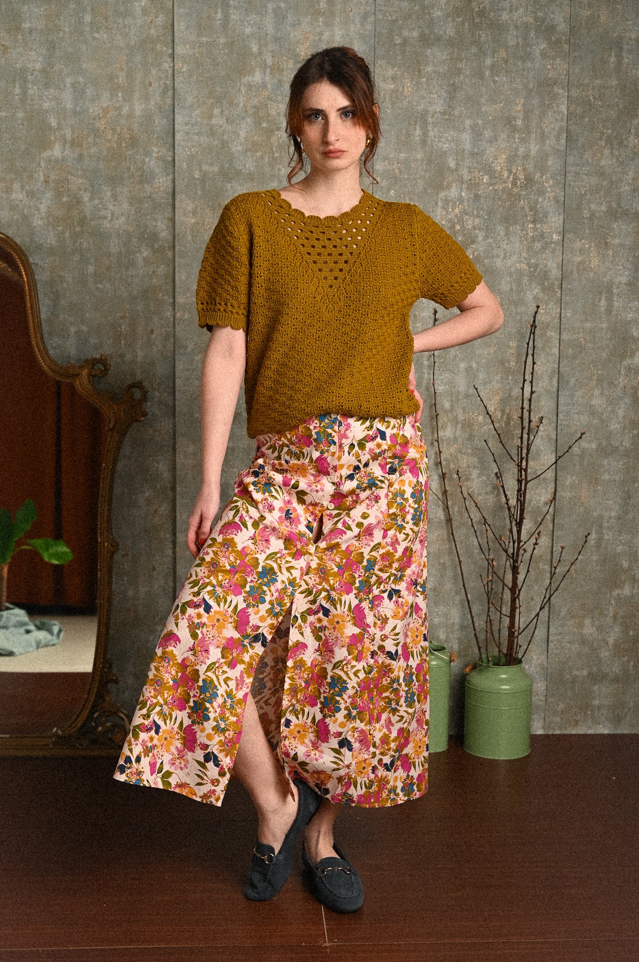 Gonna midi a portafoglio Ortensia in cotone floreale con abbottonatura laterale