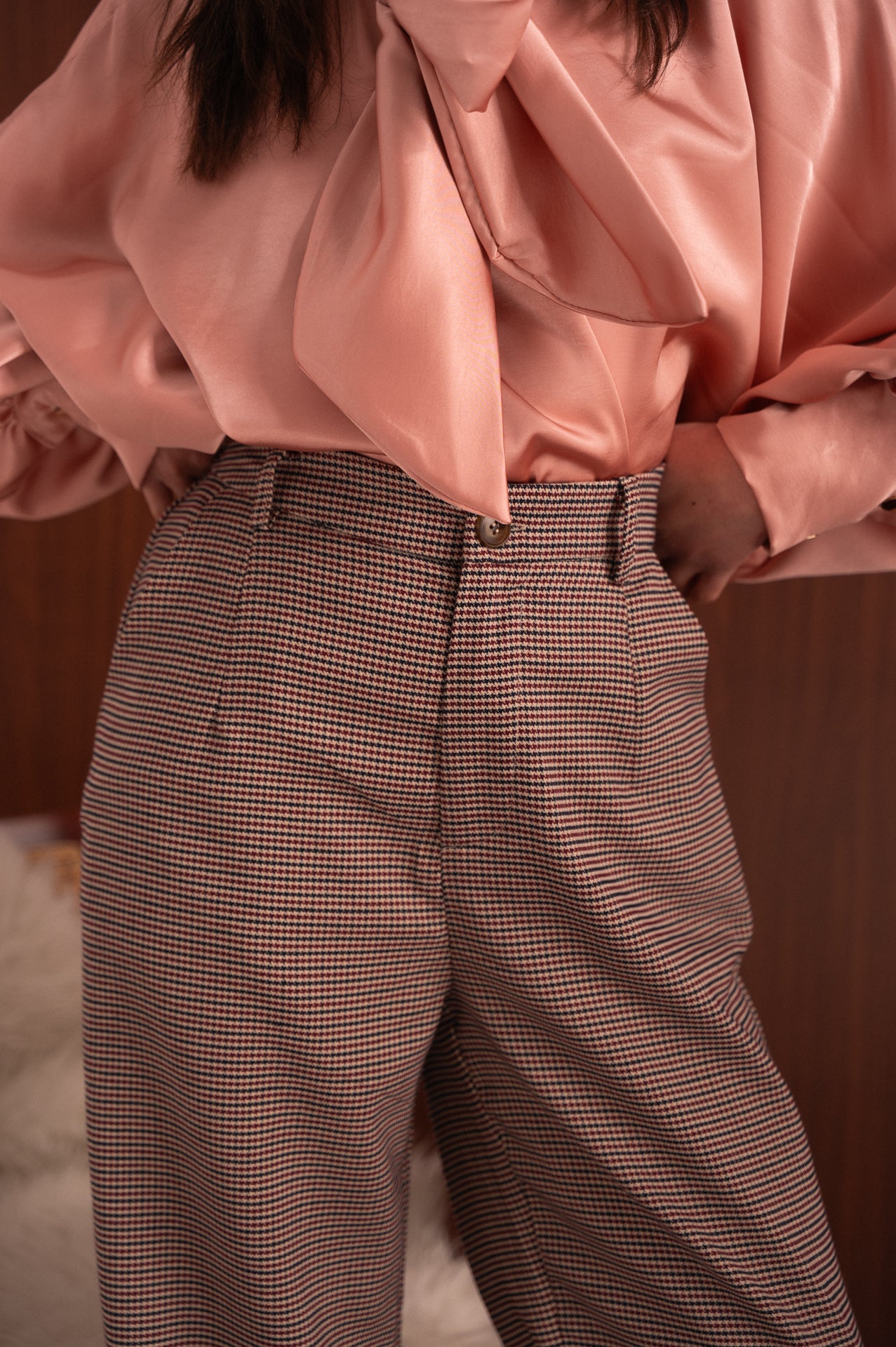 Pantalone Pied de Poule Bordeaux e Blu a Vita Elasticizzata