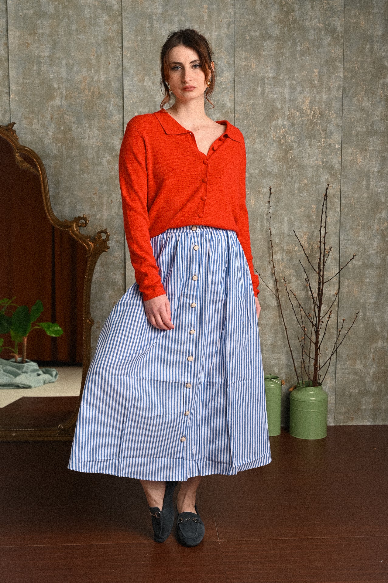 Gonna Solea A-Line lunga a righe in cotone con bottoni frontali