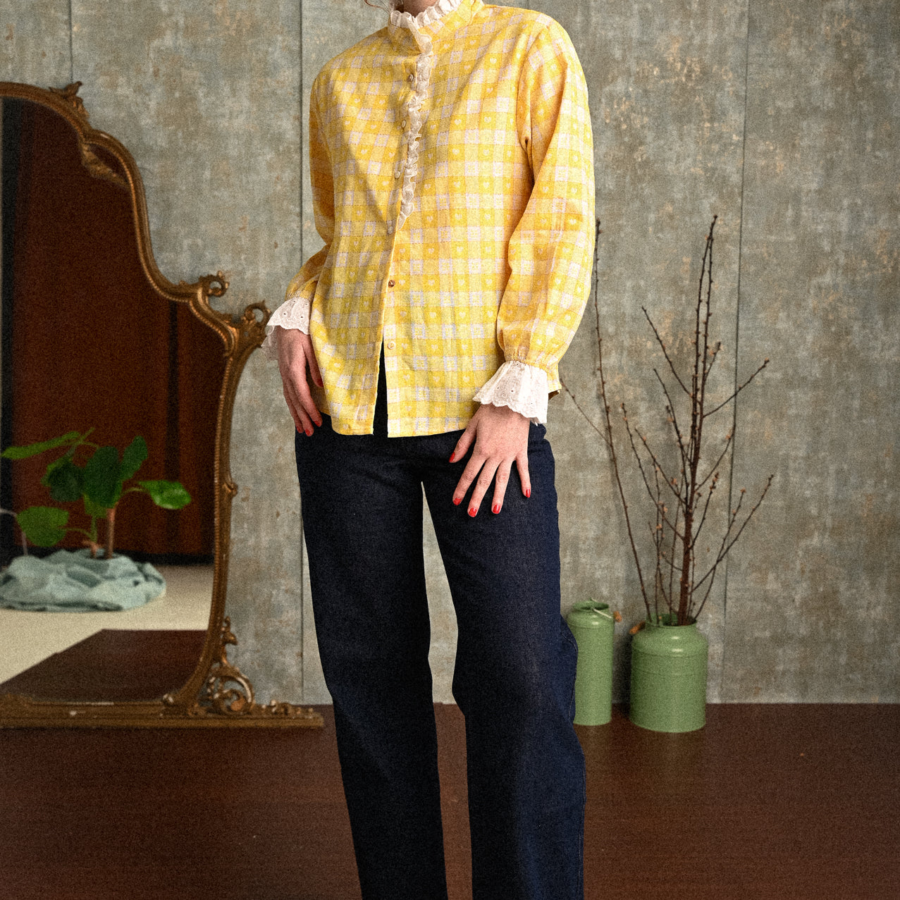 Camicia Donna Gialla a Cuoricini con Volant e Dettagli in Pizzo – 100% Cotone