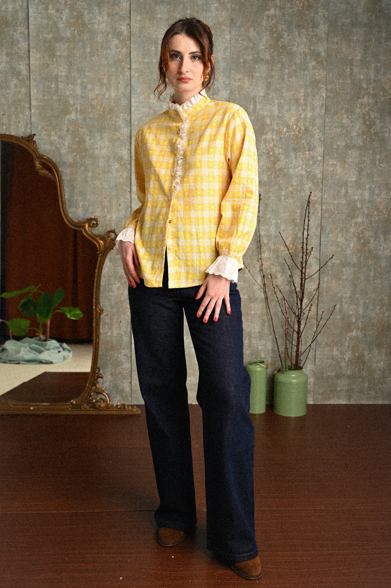 Camicia Donna Gialla a Cuoricini con Volant e Dettagli in Pizzo – 100% Cotone