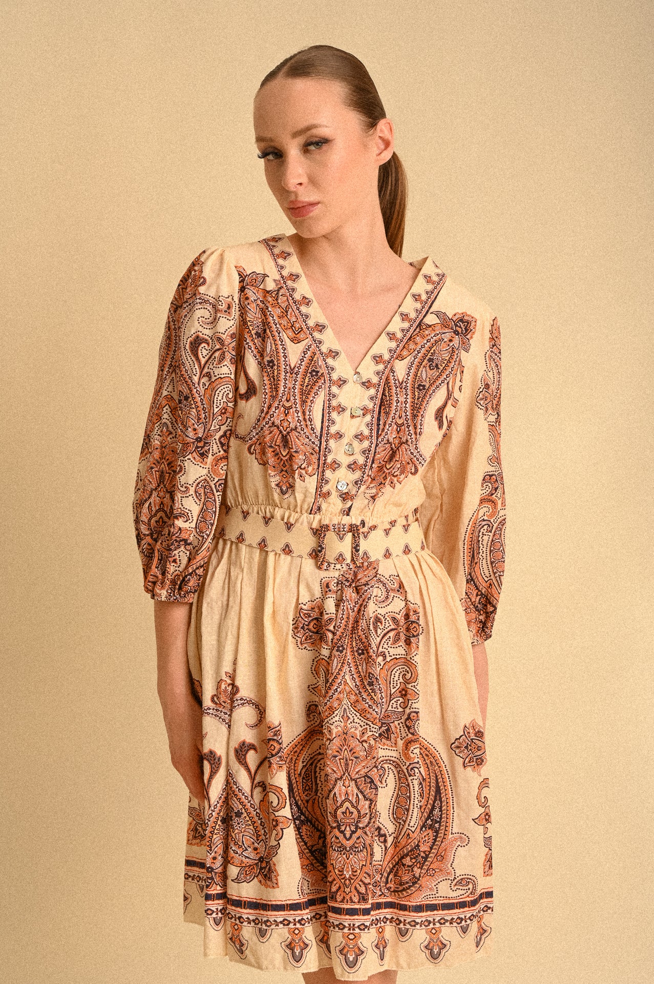 Abito Marrakech Kasbah Paisley in Cotone con Cintura e Maniche 3/4 Donna
