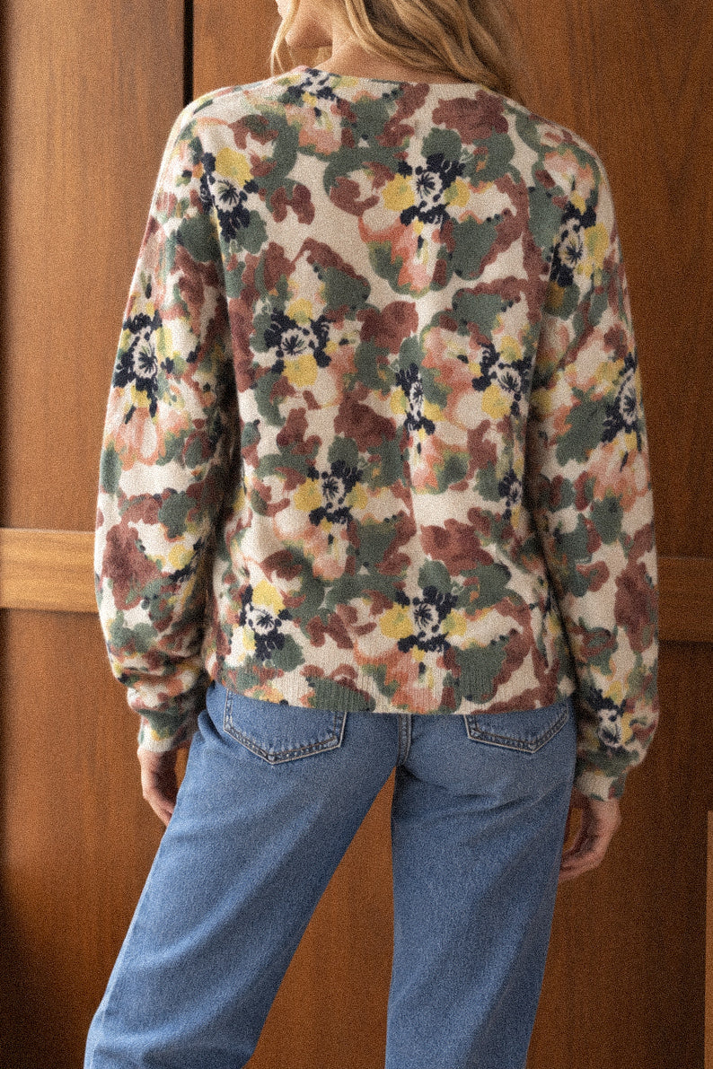 Maglione Donna Floreale Multicolore Fondo Panna con Girocollo e Polsini a Coste