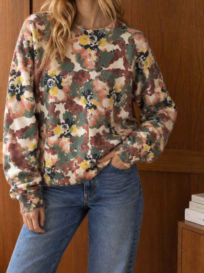 Maglione Donna Floreale Multicolore Fondo Panna con Girocollo e Polsini a Coste