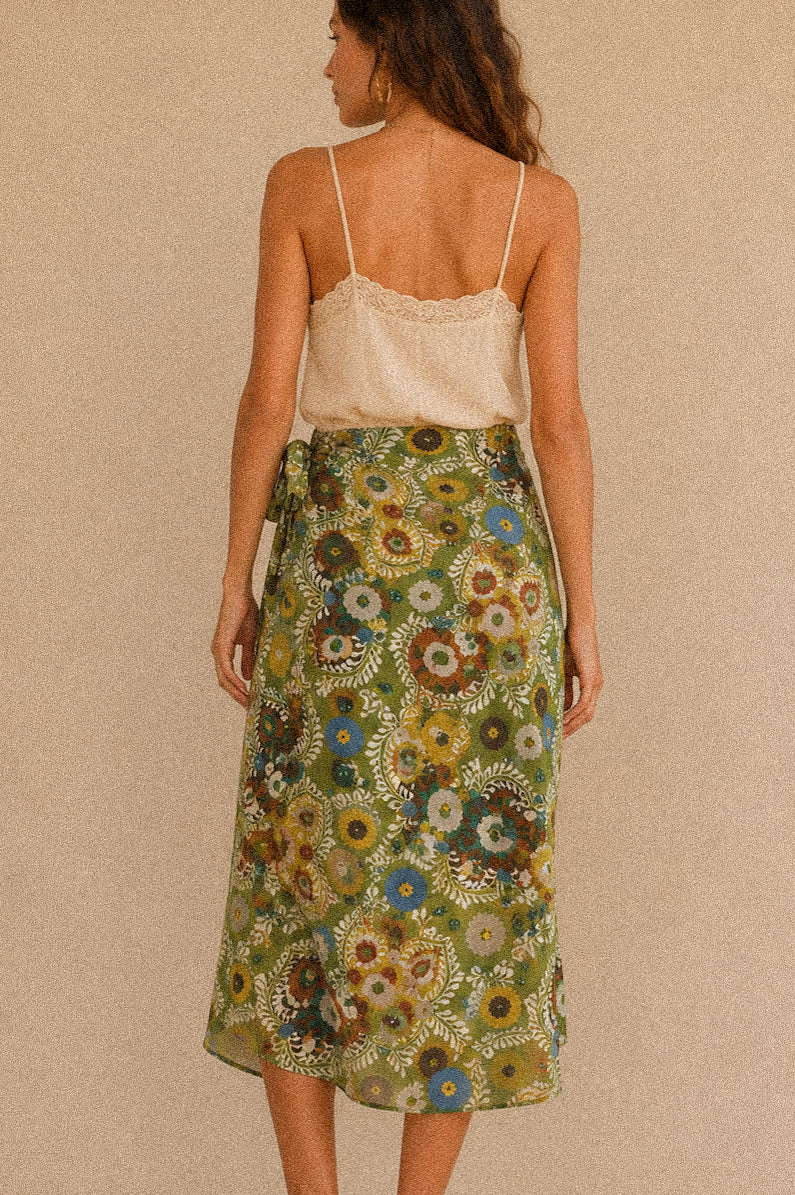 Gonna “Olive Bloom” – gonna midi a portafoglio con stampa floreale