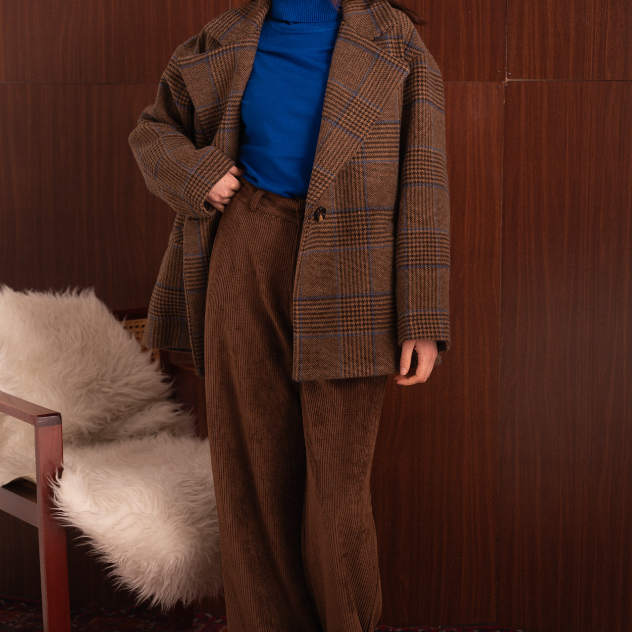 Cappotto blazer a quadri marrone con velina interna