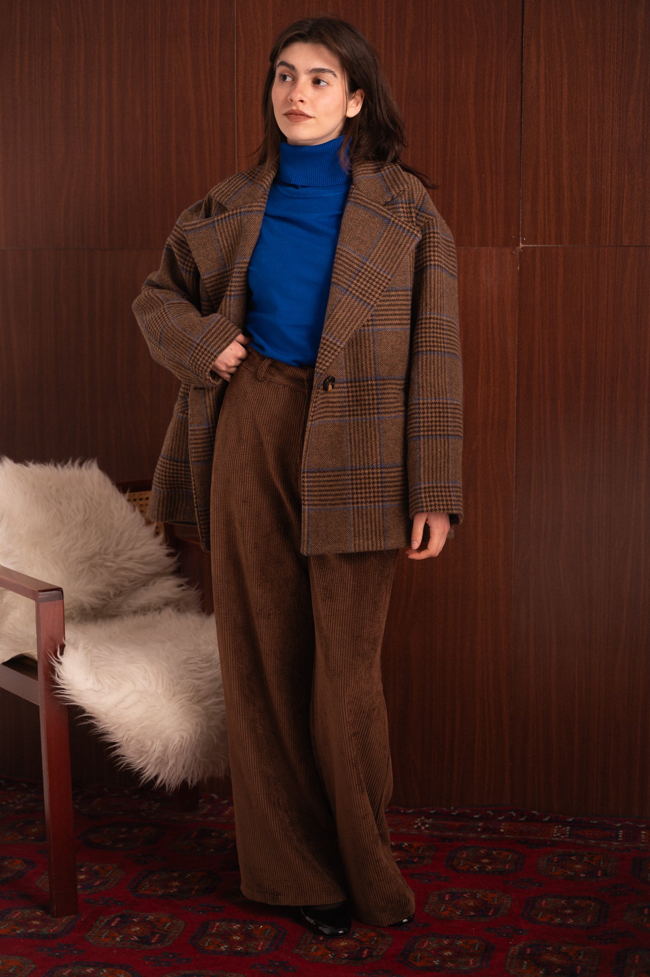 Cappotto blazer a quadri marrone con velina interna