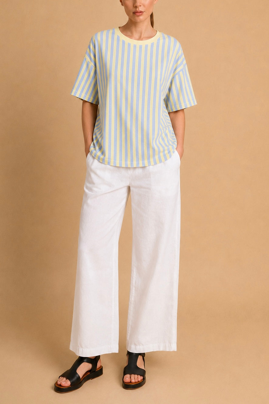 T-Shirt Cuore Sorbetto – T-Shirt Donna a Righe Giallo Burro e Azzurro con Schiena Aperta