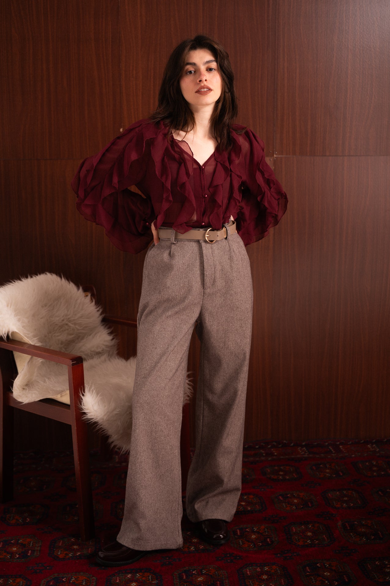 Set Gilet e Pantalone a Righe Tortora con Cintura