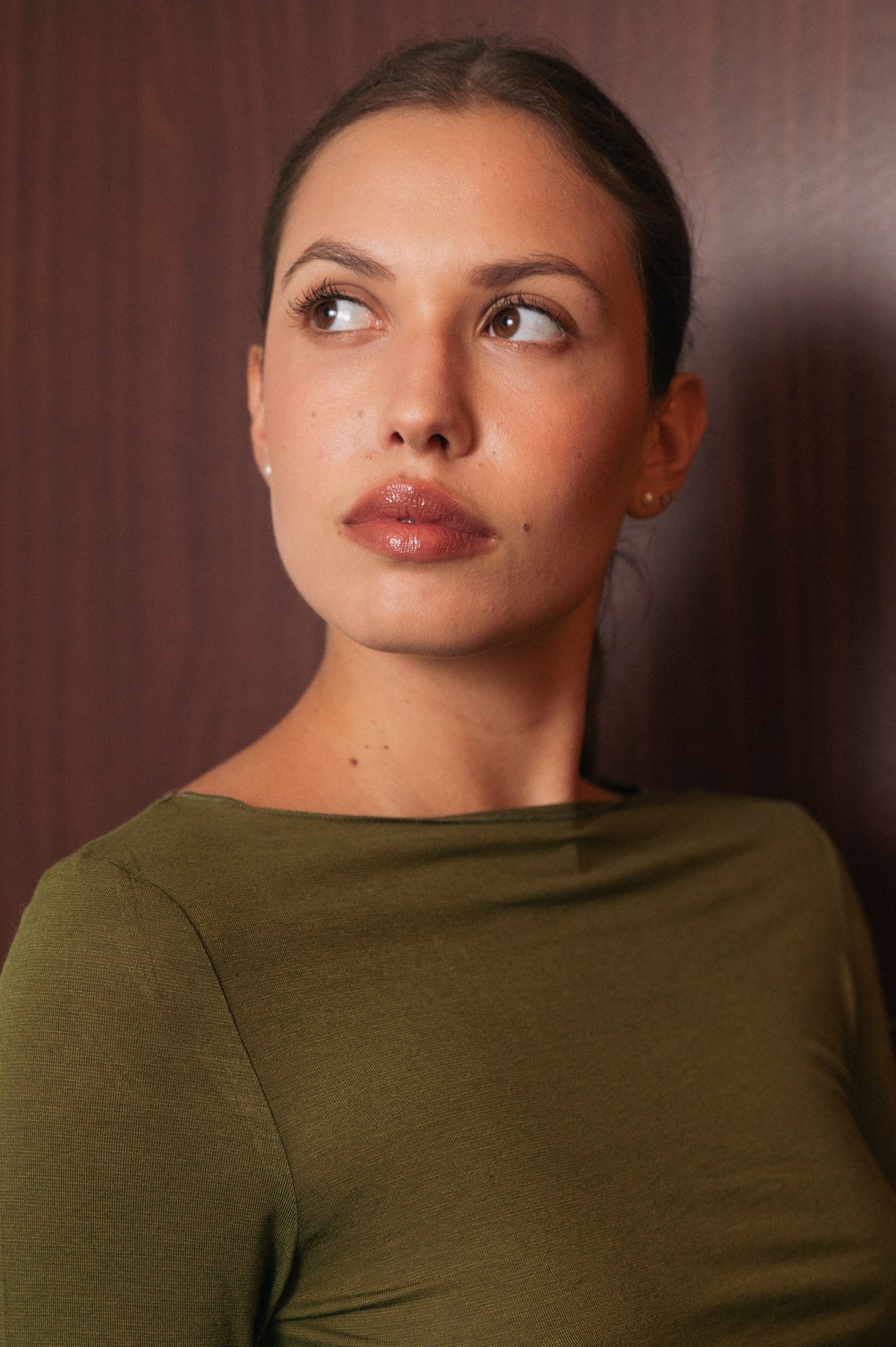 Top Aderente a Maniche Lunghe verde- Collo a Barca Arricciato