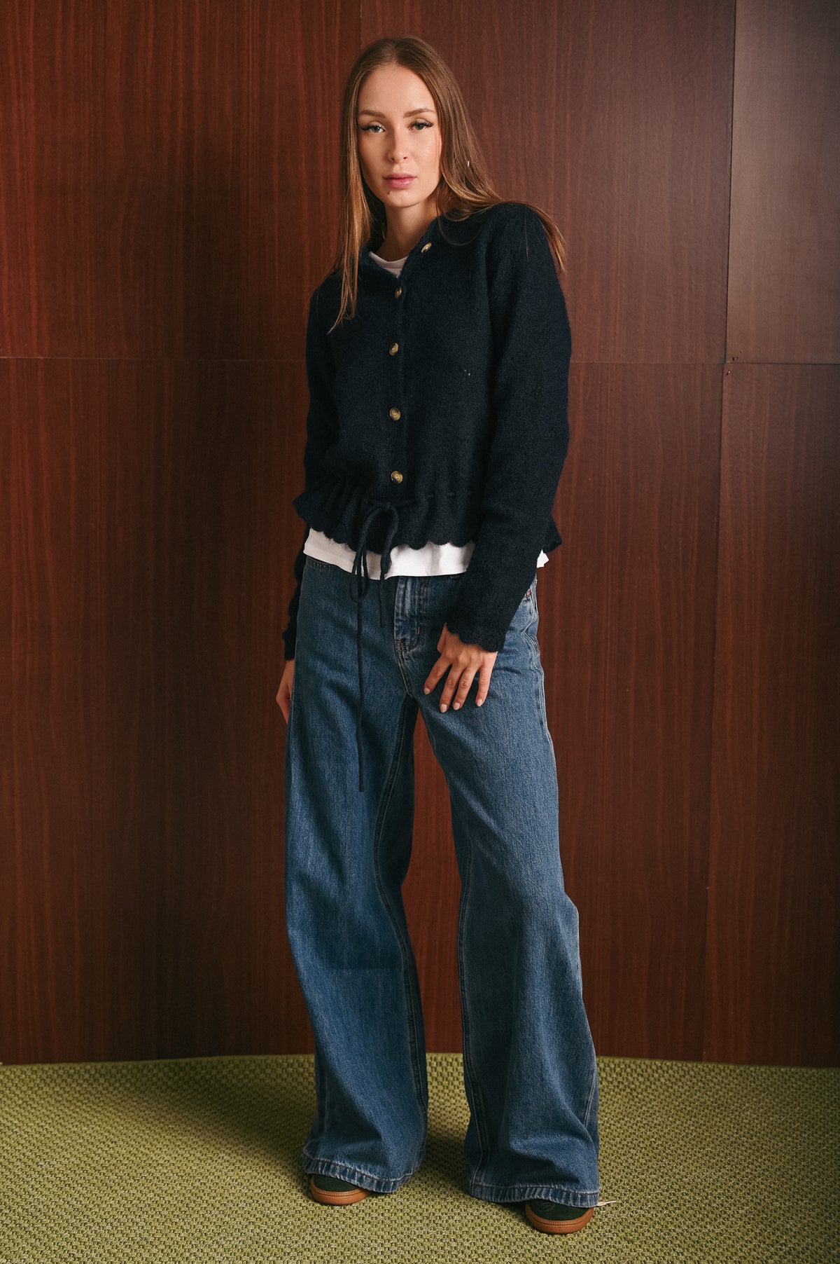 Cardigan Donna Blu Navy in Misto Lana con Ricamo Traforato e Cintura