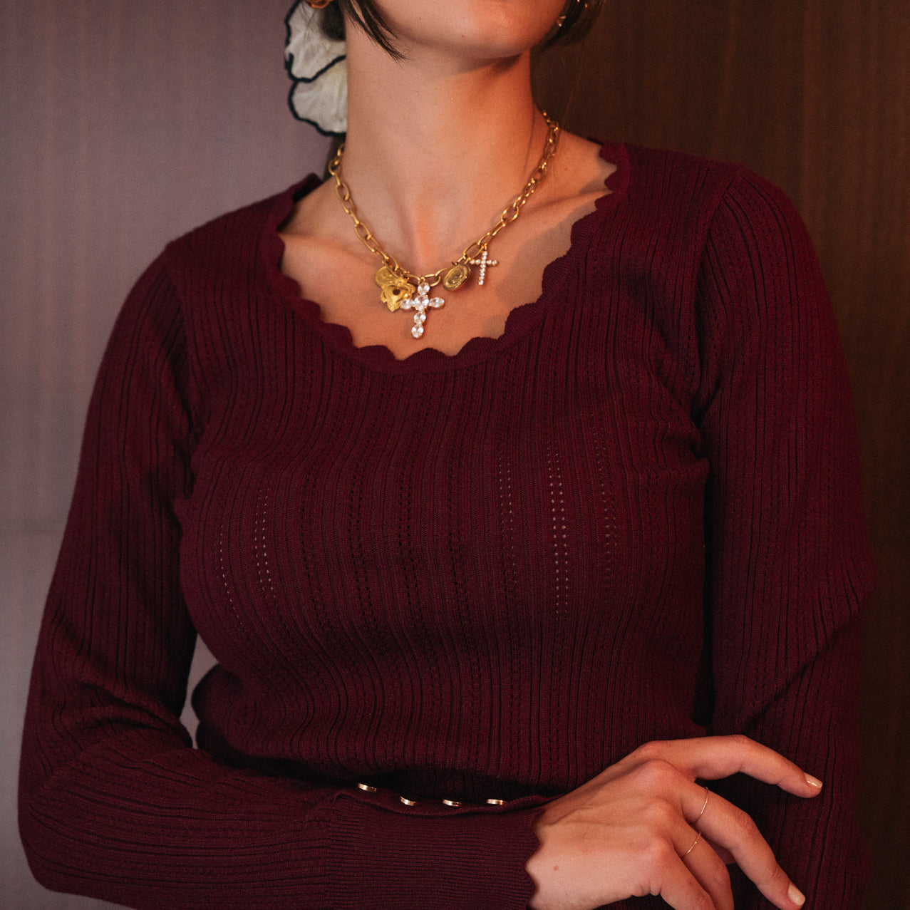 Maglia Sara a costine color bordeaux