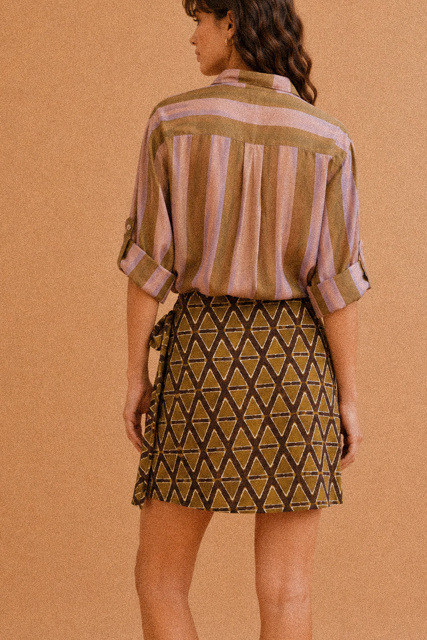 Camicia donna a righe rosa e verde con colletto coreano in Tencel