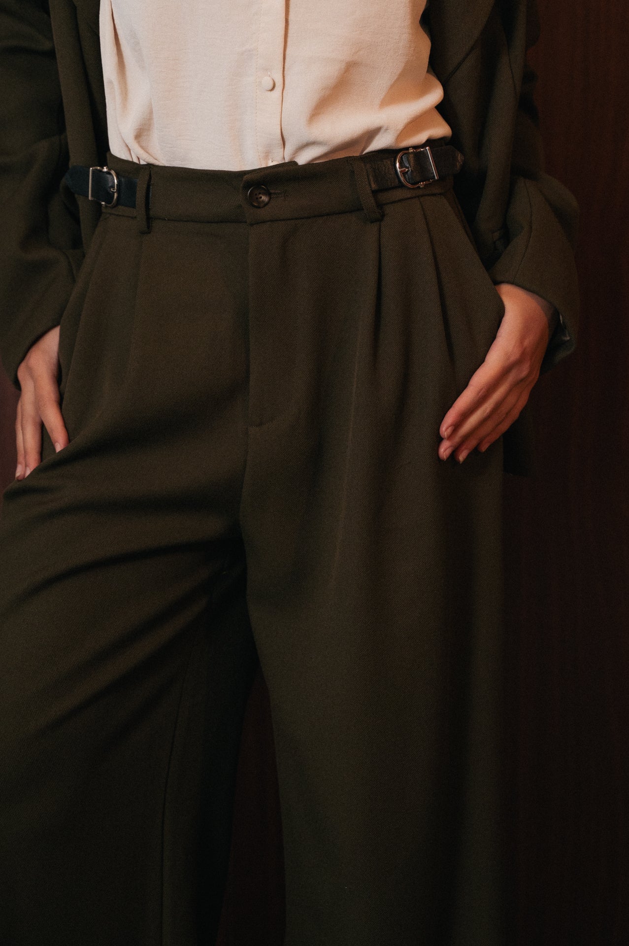 Pantapalazzo Vita Alta Donna Verde Oliva | Gamba Larga Elegante | Tailleur Coordinato