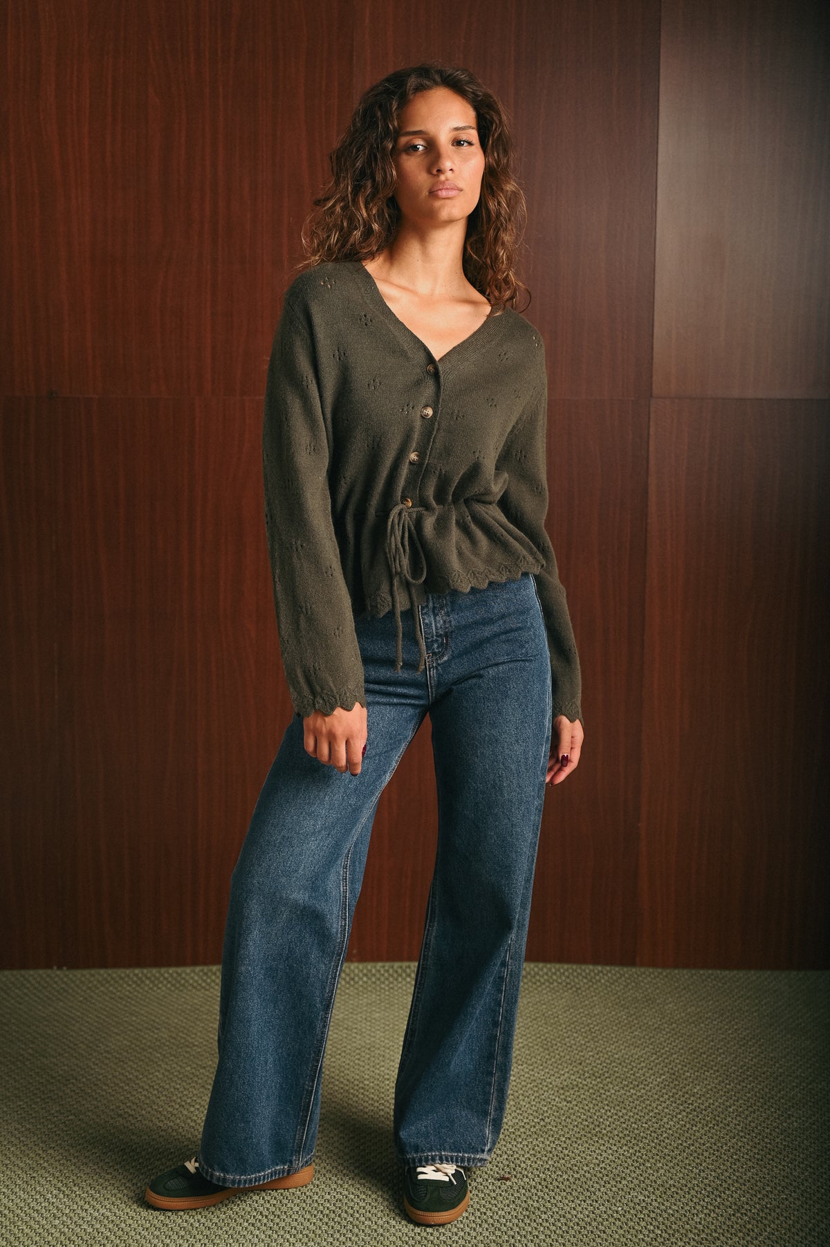Cardigan Donna kaki Ricamato con Scollo a V