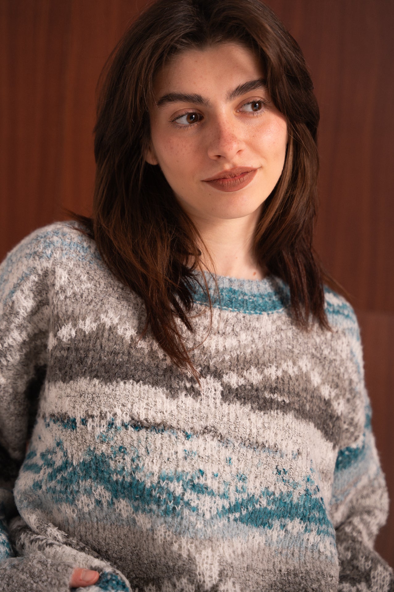 Maglione fantasia a righe multicolor grigio, panna e petrolio – morbido effetto mélange