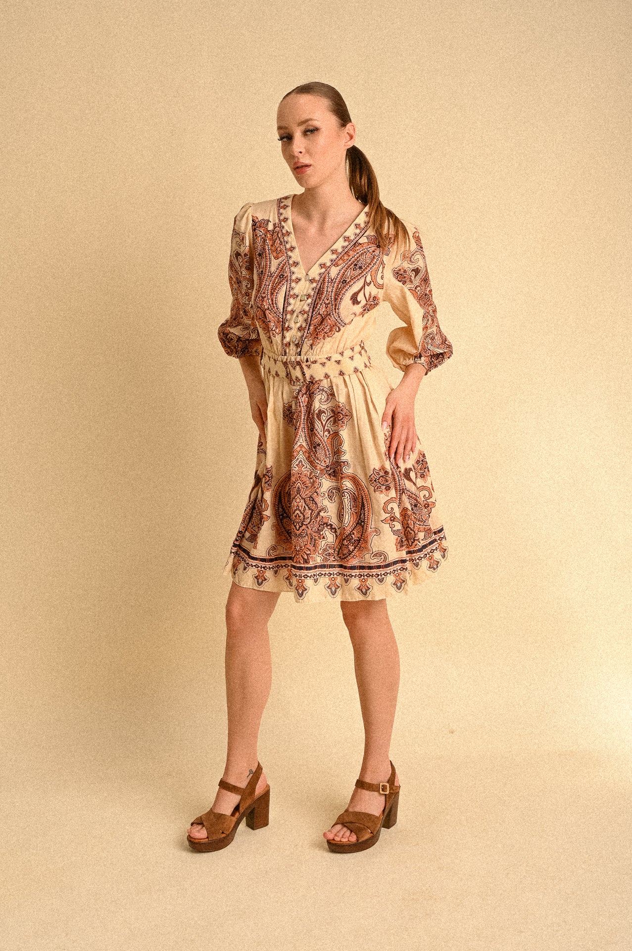 Abito Marrakech Kasbah Paisley in Cotone con Cintura e Maniche 3/4 Donna