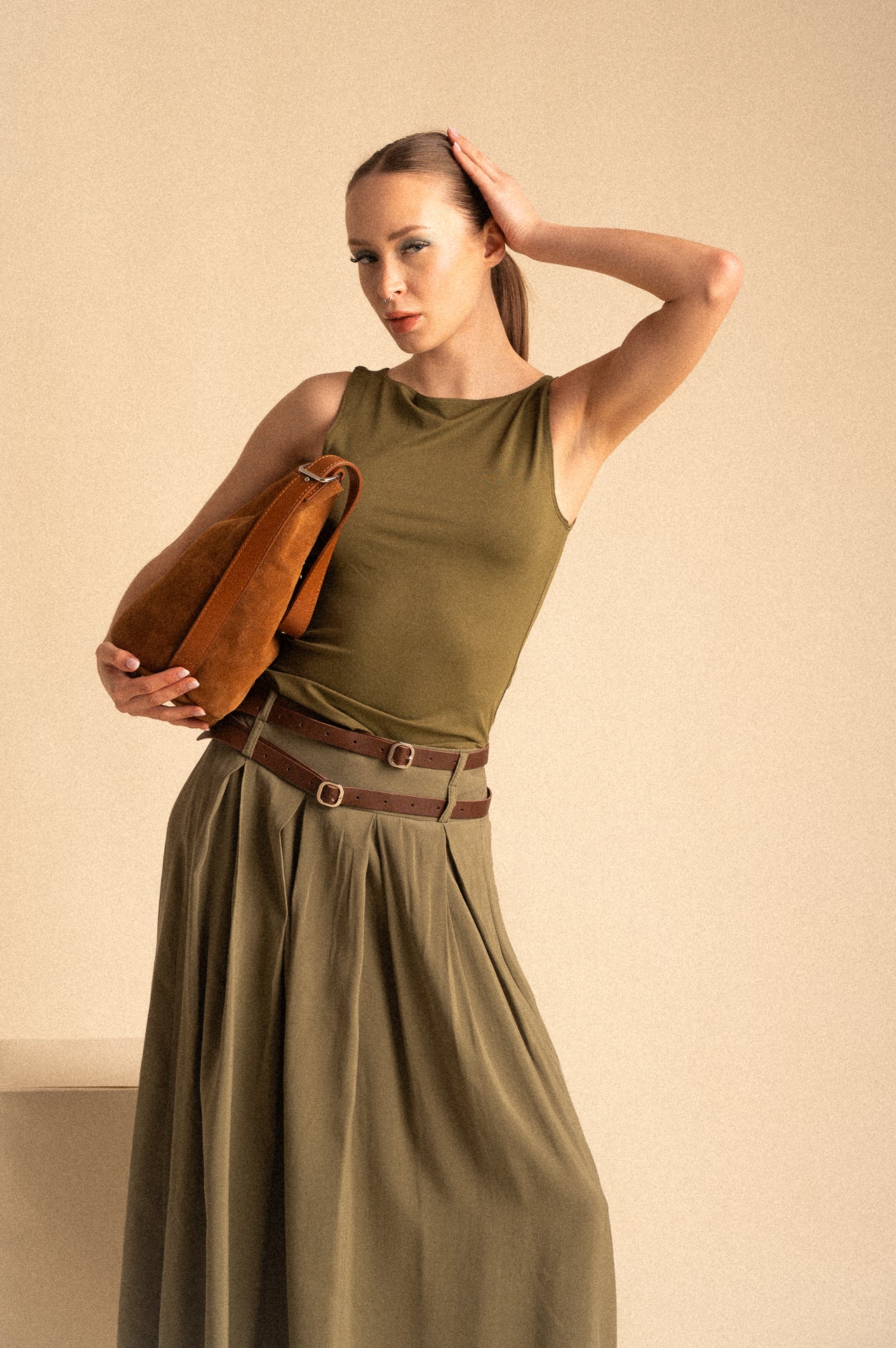 Gonna Midi SoHo – Verde Kaki con Doppia Cintura