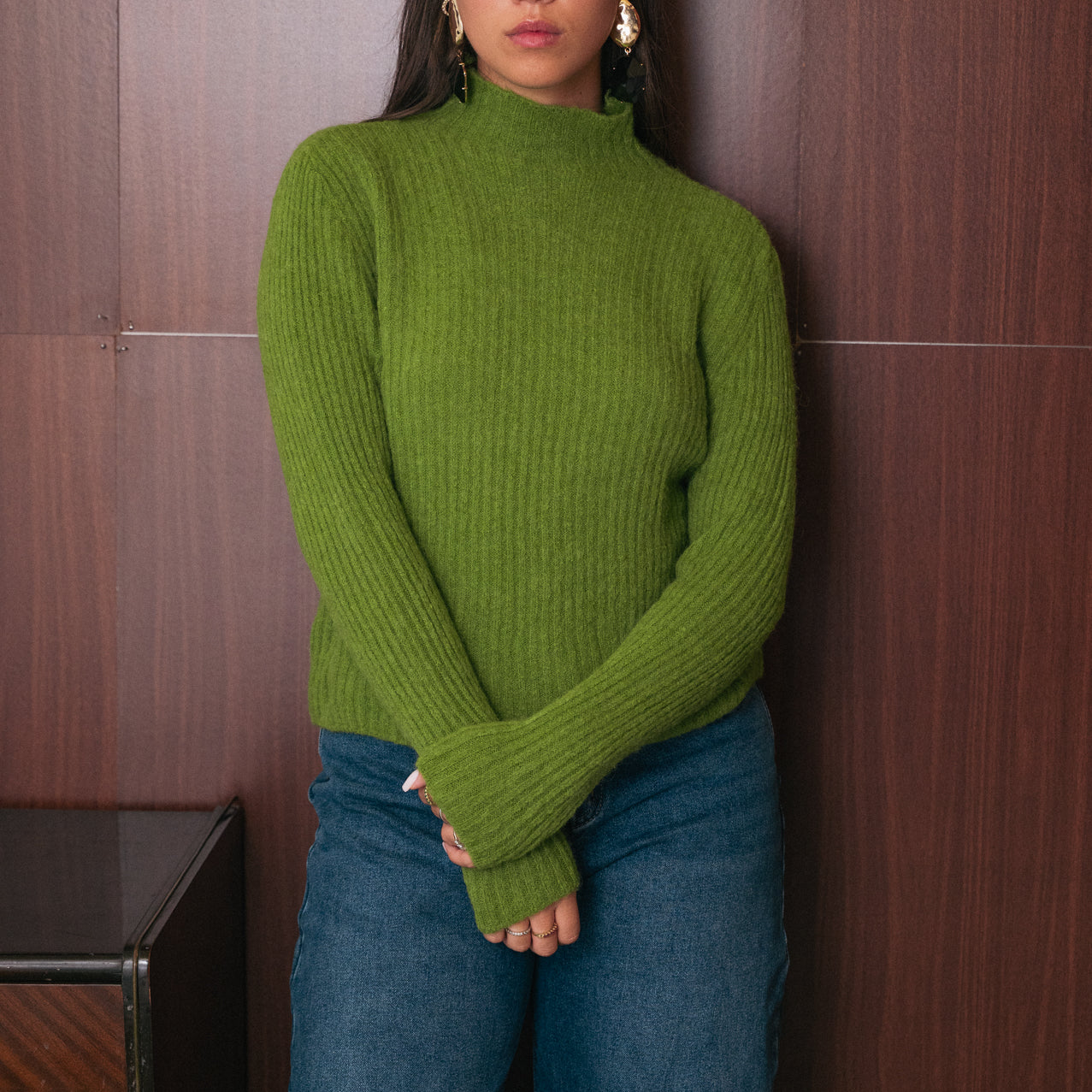Maglione Collo a Vulcano in Lana e Baby Alpaca verde