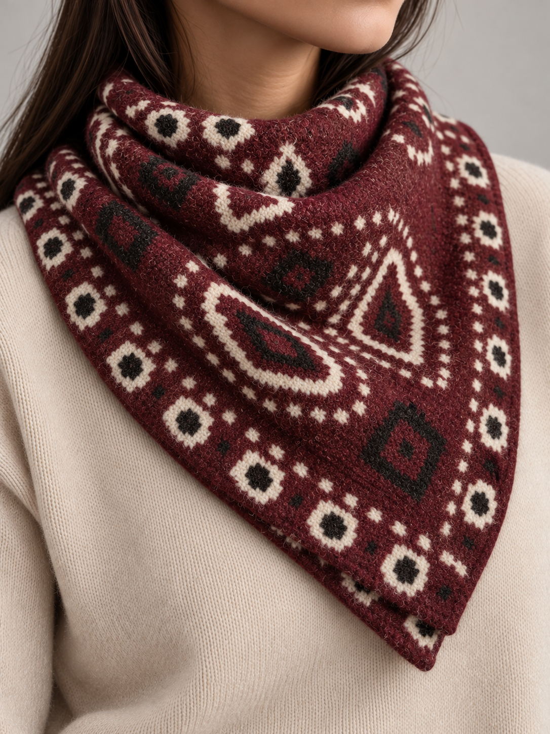 Bandana Donna in Lana Bordeaux con Fantasia Geometrica Regolabile