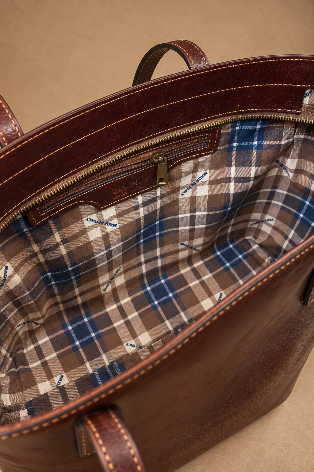 Borsa Shopper Donna in Vera Pelle Cognac Made in Italy con Manici Lunghi