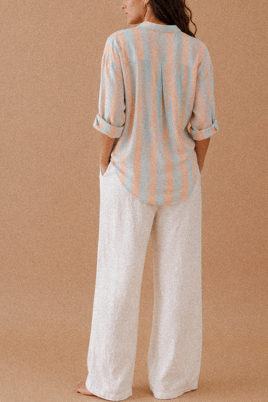 Camicia a Righe Pesca e Azzurro con Colletto Coreano