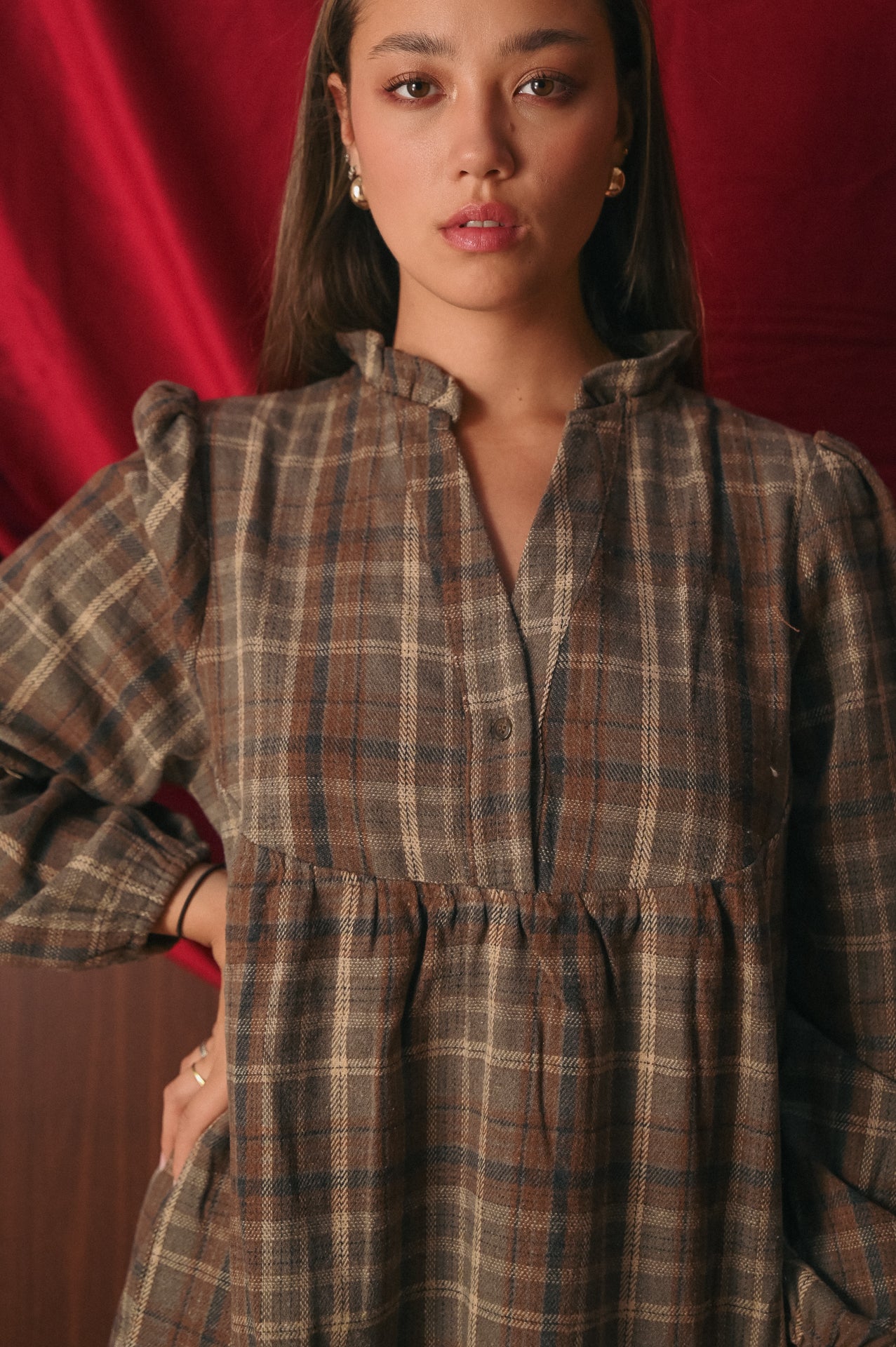 Mini Abito Tartan marrone donna | Vestito Scozzese | Taglio Svasato Strutturato