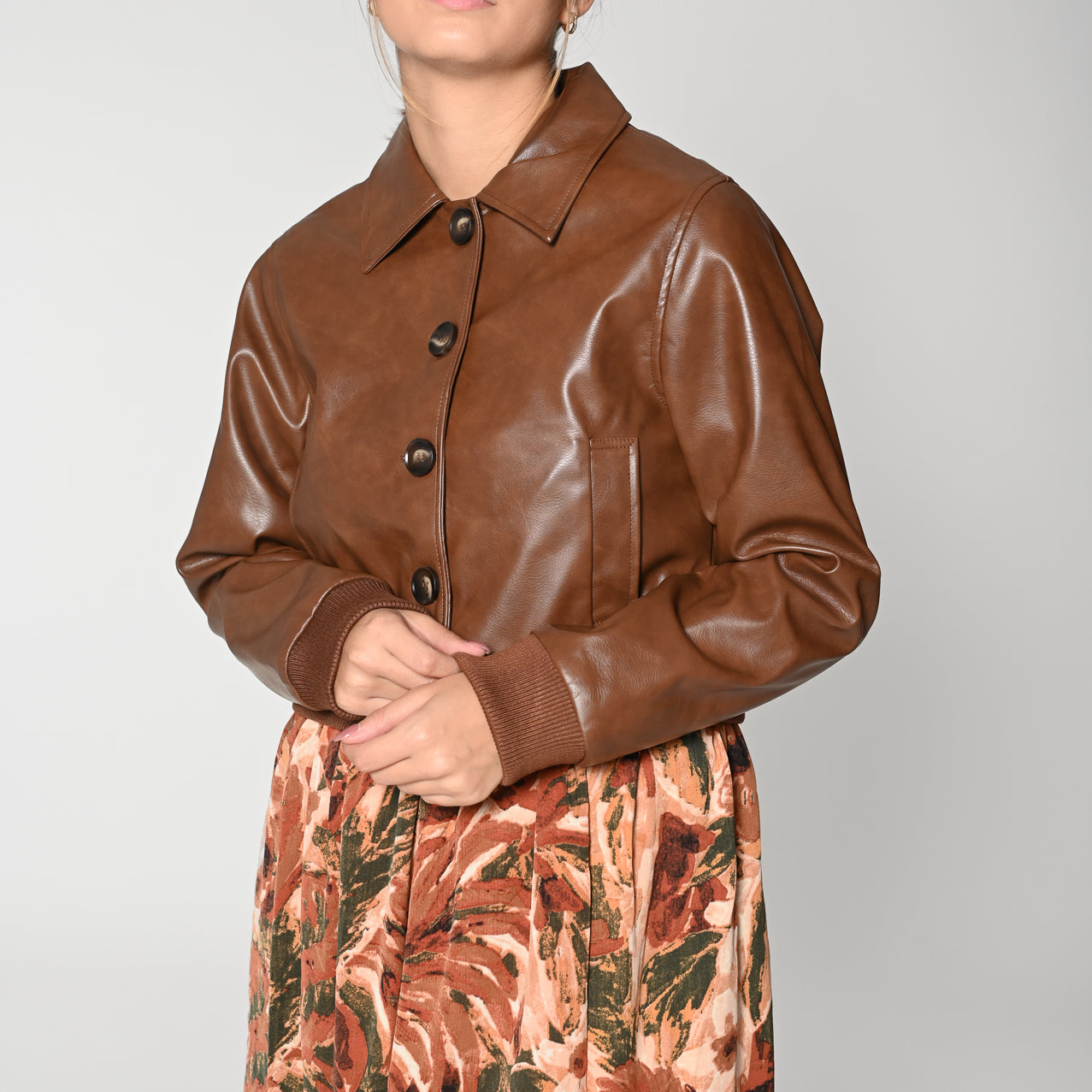 Brown faux leather bomber jacket