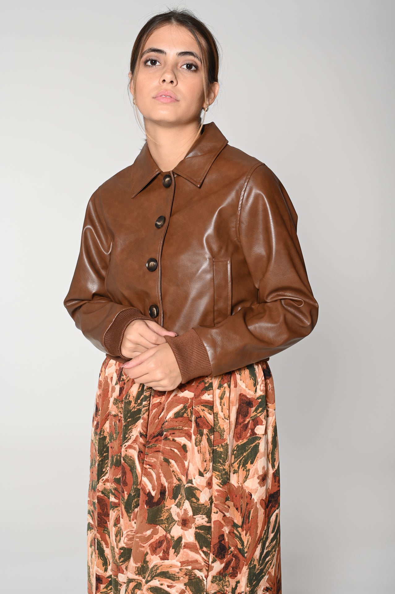 Brown faux leather bomber jacket