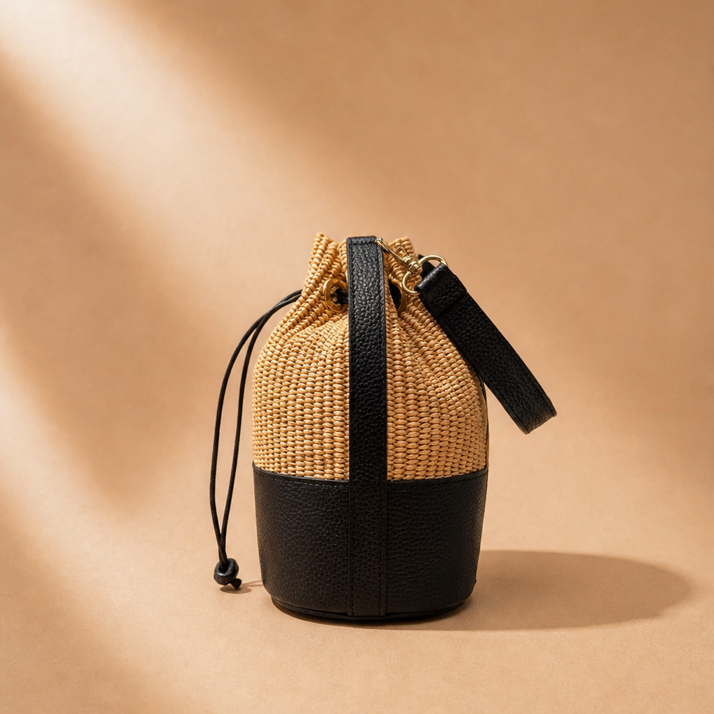 Borsa Secchiello Rafia e Pelle nera